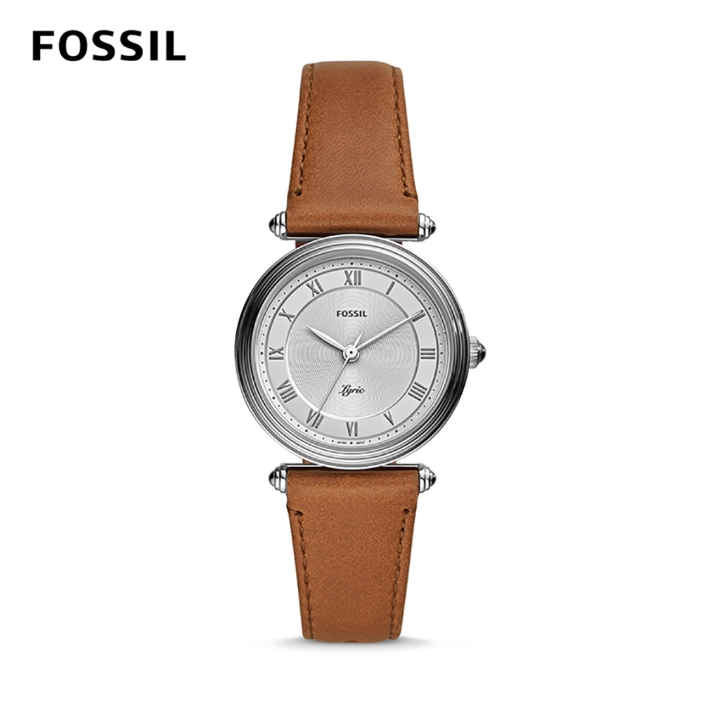 FOSSIL LYRIC 文學女子的抒情詩詞石英腕錶-銀X紅咖啡皮革錶帶 32MM ES4706