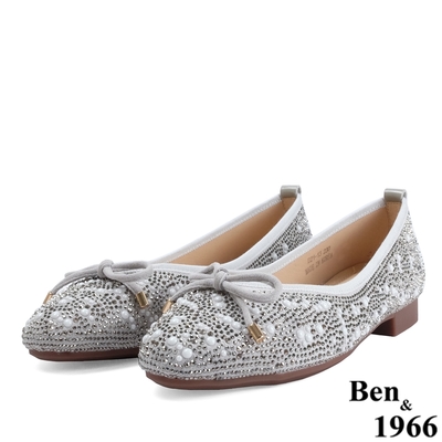 Ben&1966高級燙鑽絨布珍珠娃娃鞋-淺灰(218171)