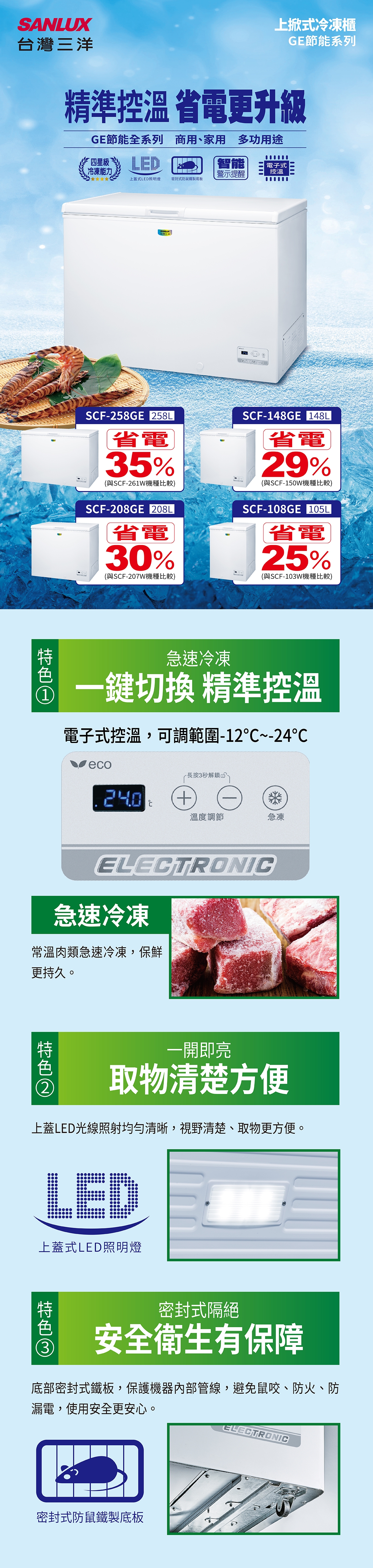 SANLUX台灣三洋 258L 上掀式冷凍櫃 SCF-258GE 另有特價 SCF-V338GE SCF-V388GE
