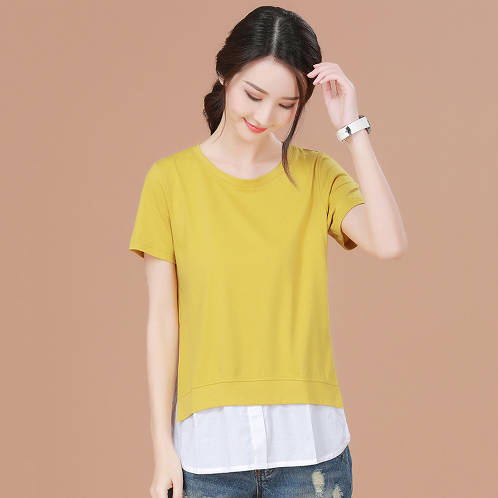 初色  寬鬆假兩件拼接短袖T恤-姜黃-(M-XL可選)