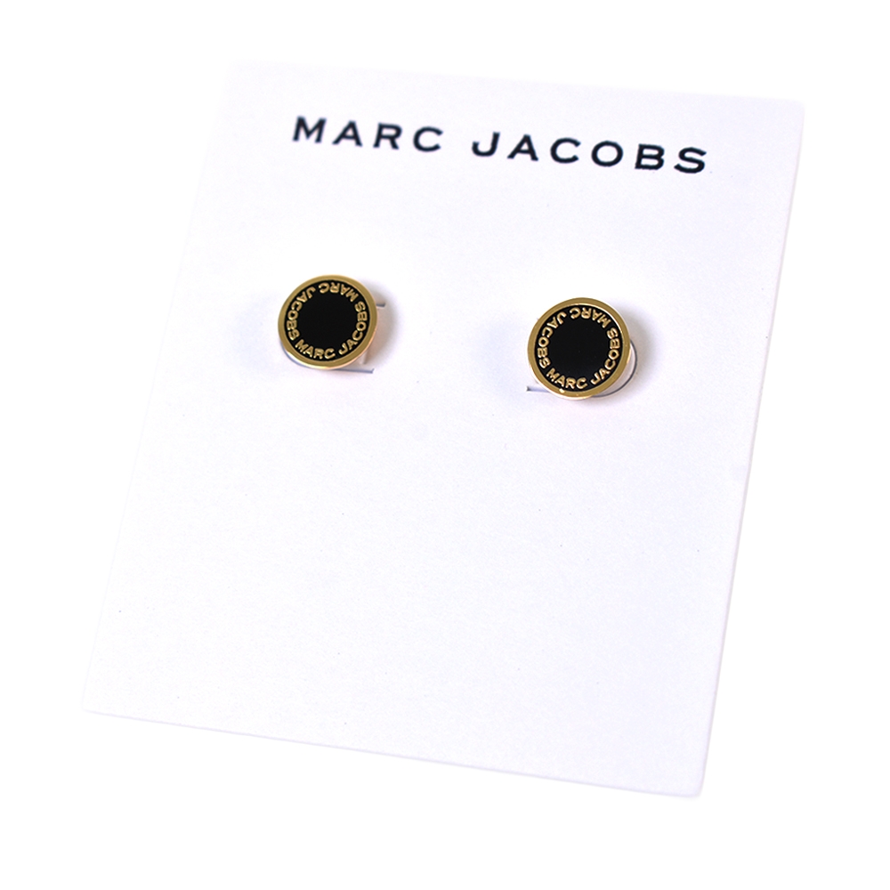 MARC JACOBS 圓牌LOGO針式耳環-黑/金