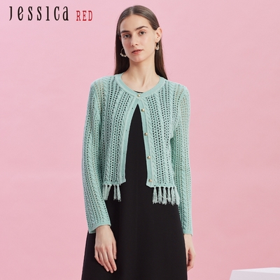 JESSICA RED - 輕薄鏤空針織流蘇邊針織短外套R43401