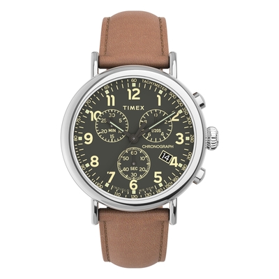 TIMEX 天美時 復刻系列 三眼計時手錶-橄欖綠x棕/41mm