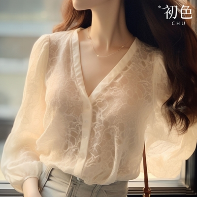 初色 法式純色蕾絲V領燈籠袖七分長袖單排扣襯衫上衣女上衣-米白色-33769(M-2XL可選)
