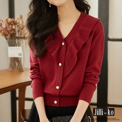 JILLI-KO 荷葉邊毛衣女V領復古翻領針織開衫- 紅/杏