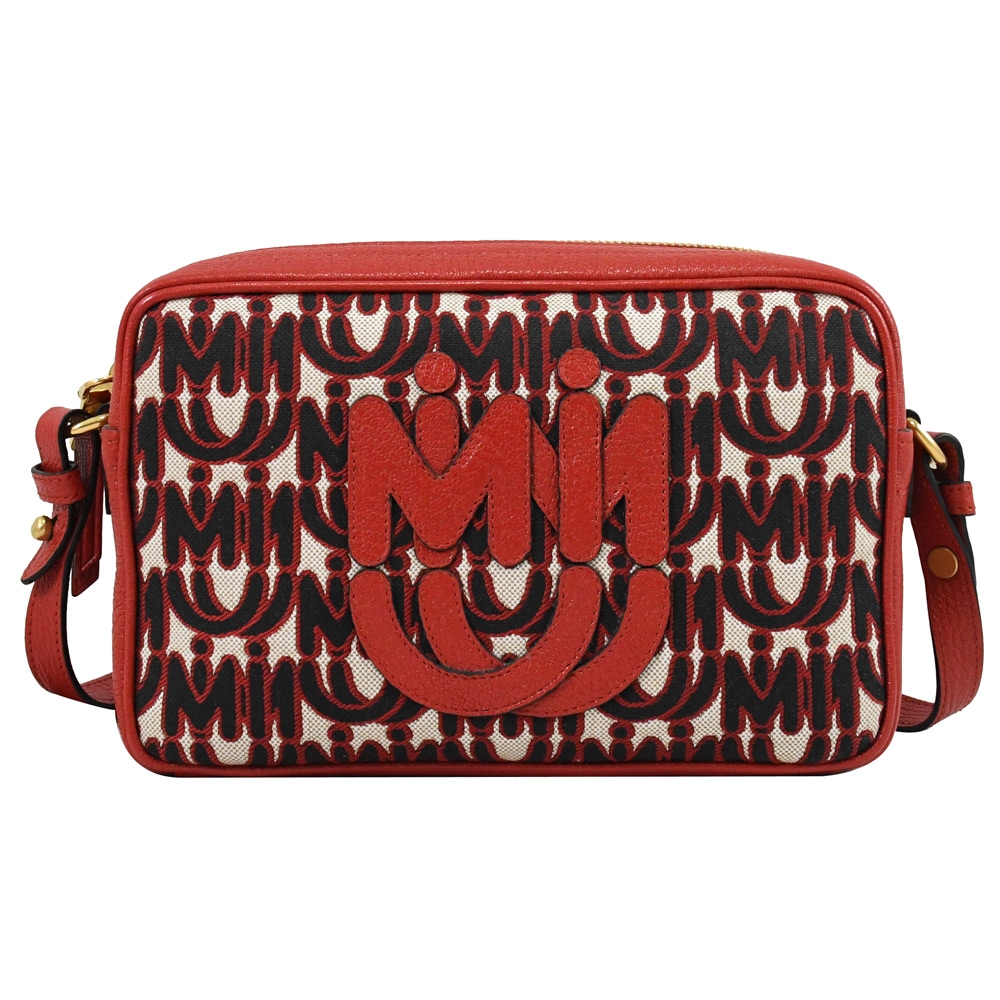 MIU MIU LOGO織布可愛皮革LOGO斜背相機包(紅)