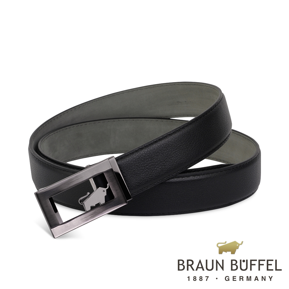 【BRAUN BUFFEL 德國小金牛】台灣總代理 沉穩紳士鏤空LOGO自動扣皮帶-鎗色/BF21B-RO223T-SGU