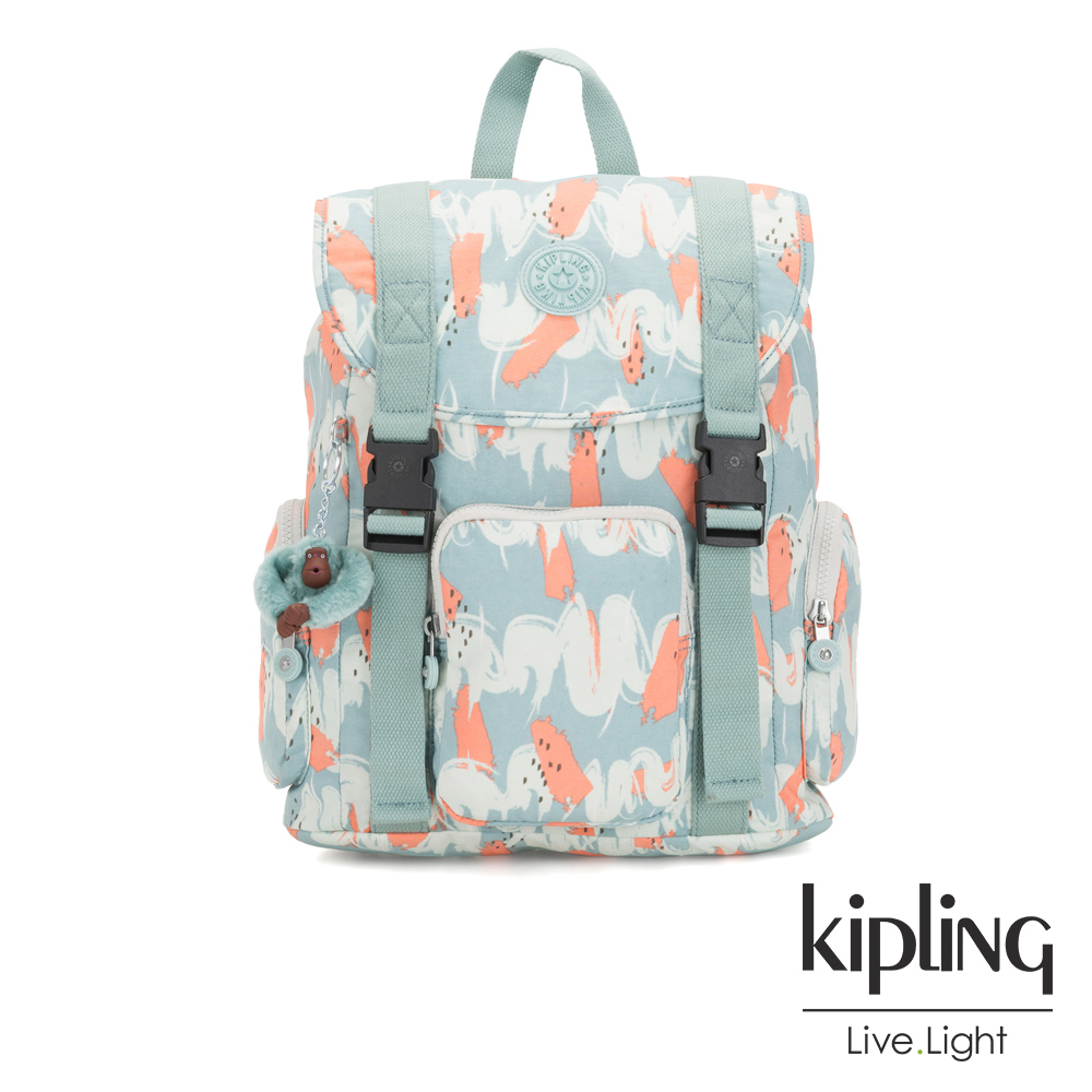 Kipling 湖水綠印象派塗鴉插扣束口掀蓋式後背包-IZIR