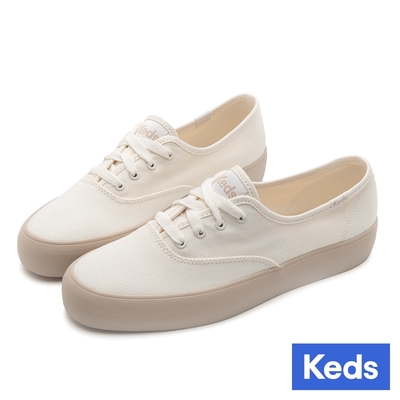 Keds CHAMPION GN 經典寬楦舒適帆布厚底休閒鞋-白/咖啡 9243W110106