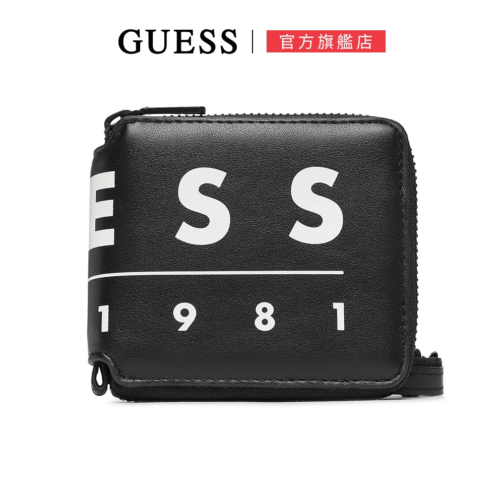 【GUESS】-純色皮面LOGO拉鍊短夾-黑