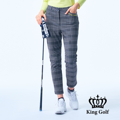 【KING GOLF】女款高腰千鳥格紋彈性舒適高爾夫球長褲-深藍色