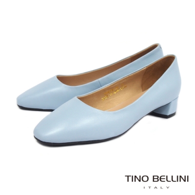 Tino Bellini柔美簡潔全真皮方頭中跟鞋_藍