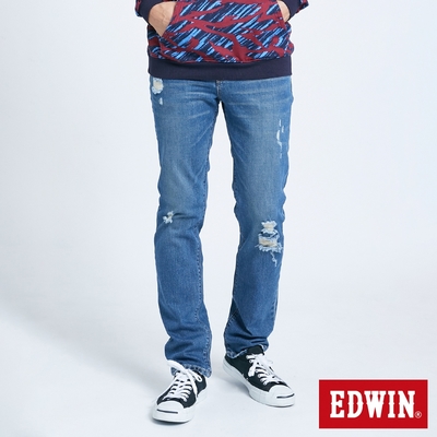EDWIN 五袋破壞直筒牛仔褲-男-拔淺藍