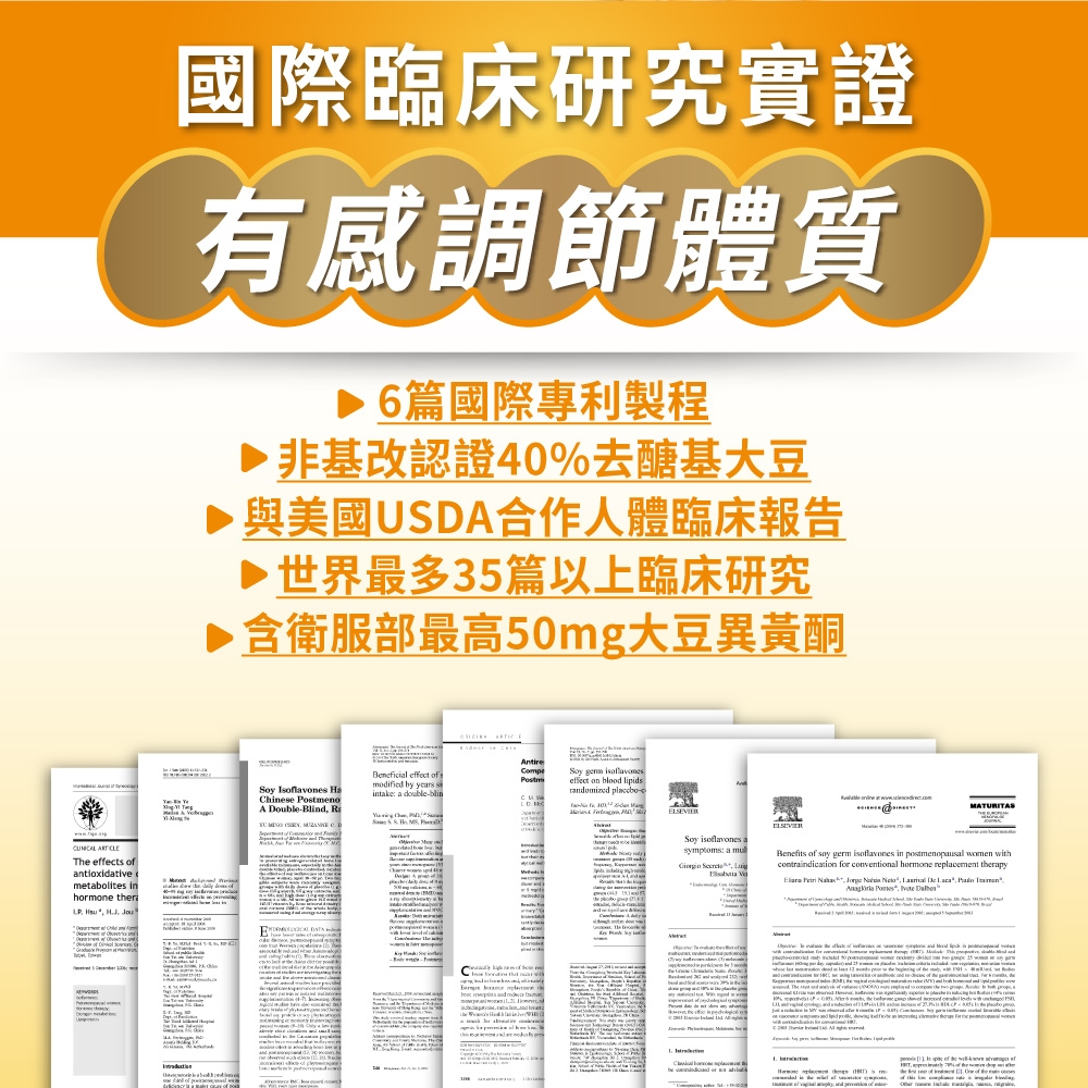 he  antioxidativemetabolites inhmone    國際臨床研究實證有感調節體質▶ 6篇國際專利製程非基改認證40%去醣基大豆▶ 與美國UDA合作人體臨床報告世界最多35篇以上臨床研究▶ 含衛服部最高50mg大豆異黃酮 T Iflavones hinese ostmenoA DoubleBlind -   CBeneficial  of seffect of by intake a double- S  PE CompaSoy  effect on blood lipids     ELSEVIERMATURITASSoy  asymptoms: a mul   Benefits of  germ isoflavones in postmenopausal women contraindication for conventional hormone replacement rapy               or so , the    with