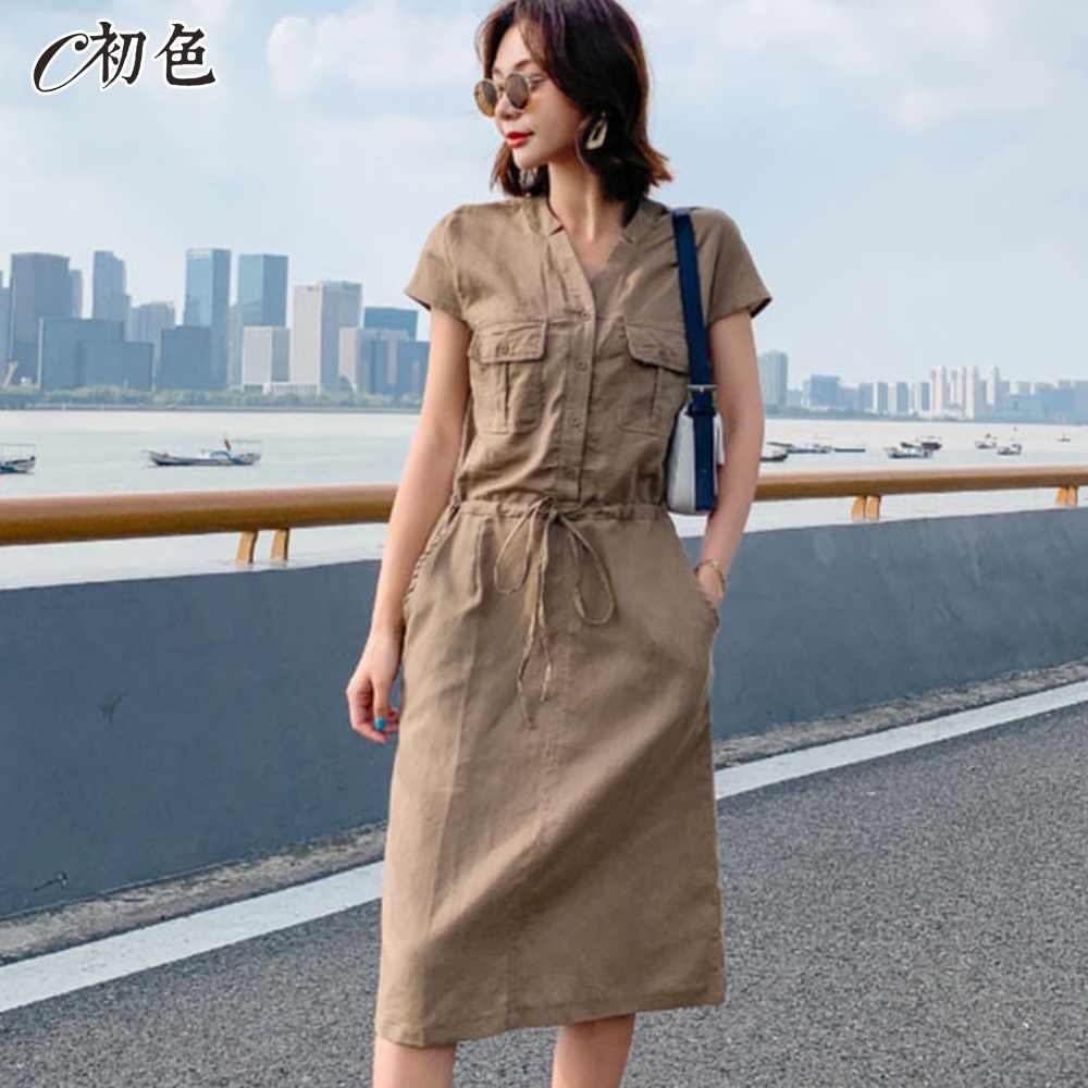 初色 簡約舒適口袋連身裙-共2色-97037(M-2XL可選)