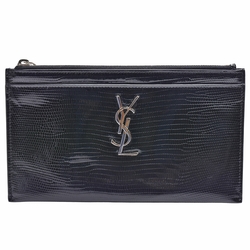 YSL 經典銀色Y字LOGO漆皮拉鍊收納/手拿包(黑色)