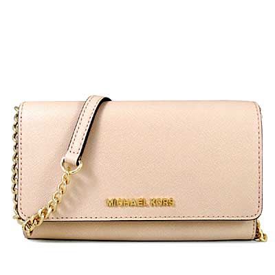 MICHAEL KORS Jet Set Travel金Logo防刮皮革鏈帶斜背包-芭蕾粉