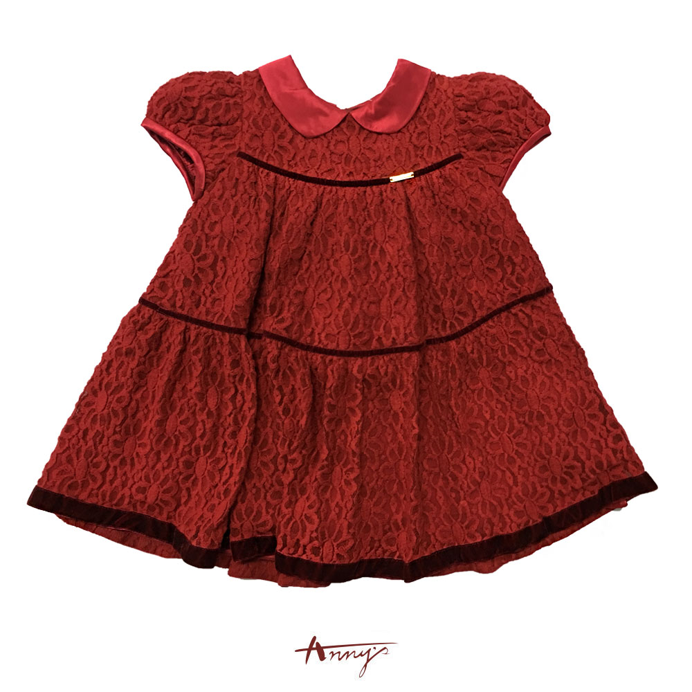 Annys氣場紅高級訂製蕾絲公主袖緞質領洋裝*6243紅