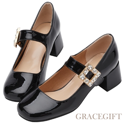 【Grace Gift】閃耀星辰方鑽中跟瑪莉珍鞋 黑漆