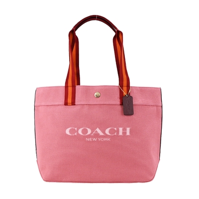 COACH 大logo帆布拼接皮革托特包(粉)