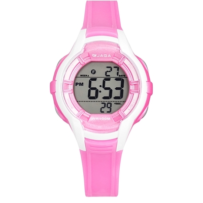 JAGA 捷卡 / 電子運動 冷光照明 計時鬧鈴 橡膠手錶 白粉色 37mm