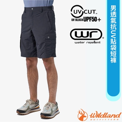 荒野 WildLand 男 透氣抗UV貼袋短褲.休閒運動褲.防曬登山健行褲_深鐵灰