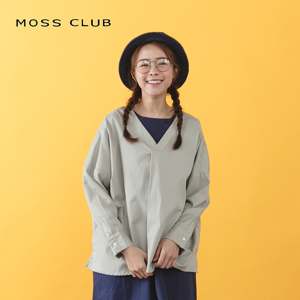 【MOSS CLUB】MIT台灣製造素色V領簡約長袖-襯衫(二色)