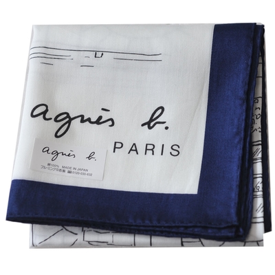 agnes b 巴黎Rue du Jour的NO.1店圖騰LOGO帕領巾(米色系/深藍邊)