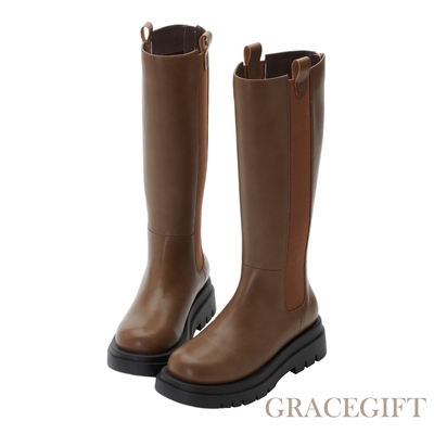 【Grace gift】摩登時尚厚底切爾西長靴 棕