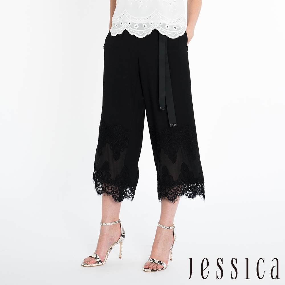 JESSICA - 簡約拼蕾絲鏤空七分寬褲
