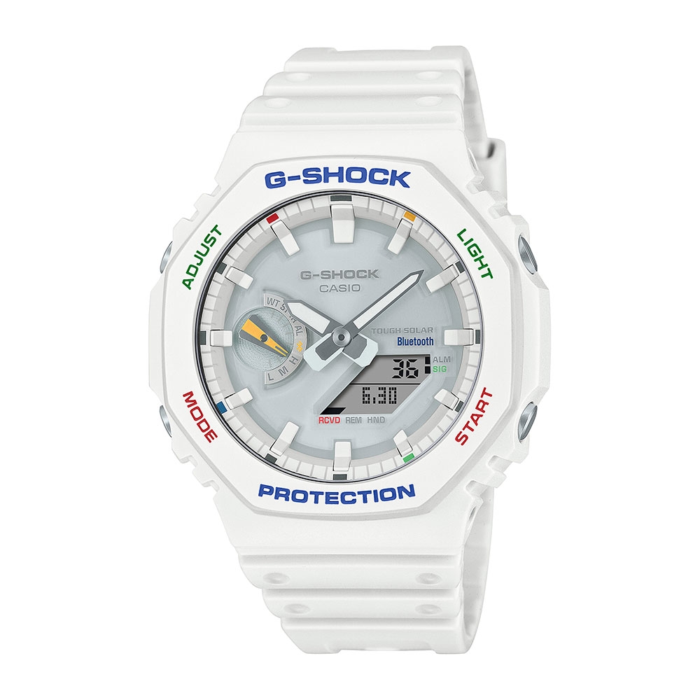 CASIO卡西歐G-SHOCK 藍牙太陽能電力五彩繽紛多巴胺風格活力白八角形錶