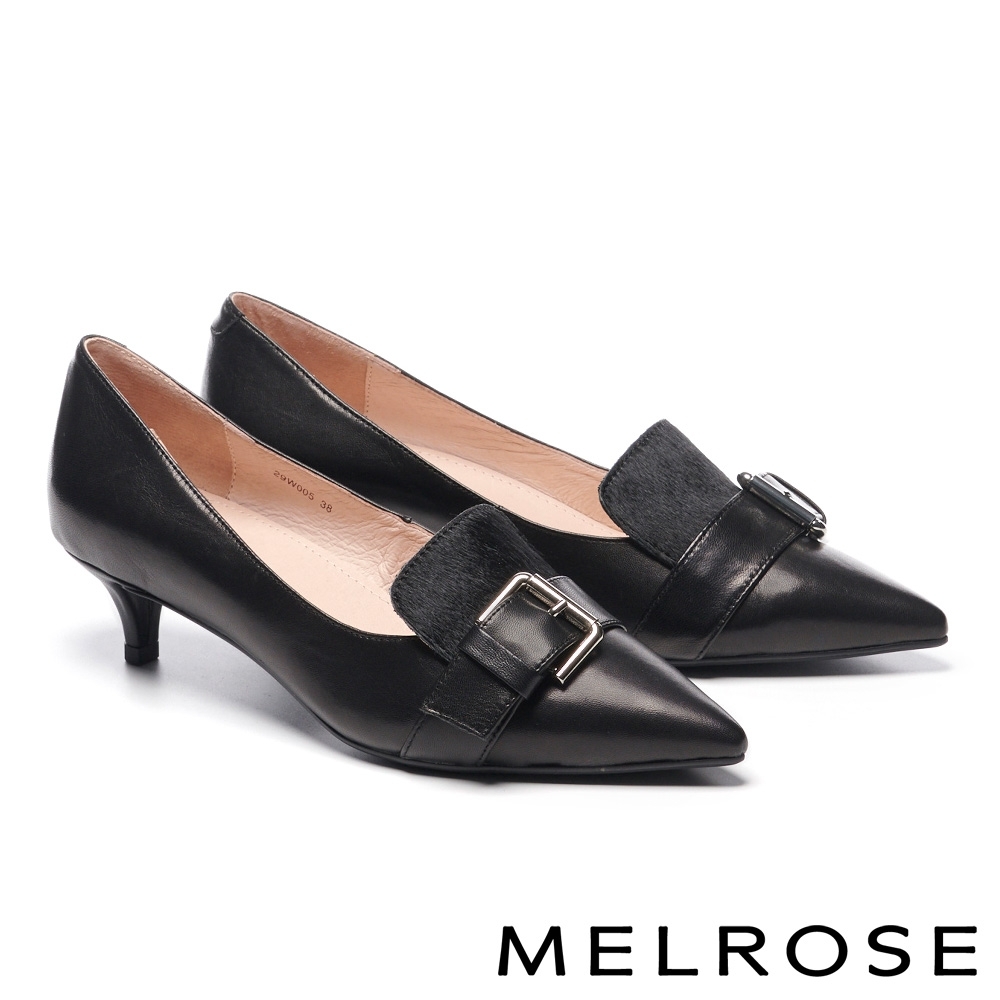 低跟鞋 MELROSE 知性時髦金屬飾釦異材質拼接全真皮尖頭低跟鞋－黑