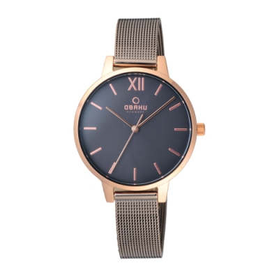 OBAKU 現代兼具經典羅馬數字女性腕錶-槍灰x玫瑰金(V209LXVJMJ)34mm