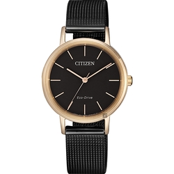 CITIZEN 星辰 光動能雅致米蘭帶女錶 母親節送禮-玫瑰金框x黑/30mm EM0577-87E