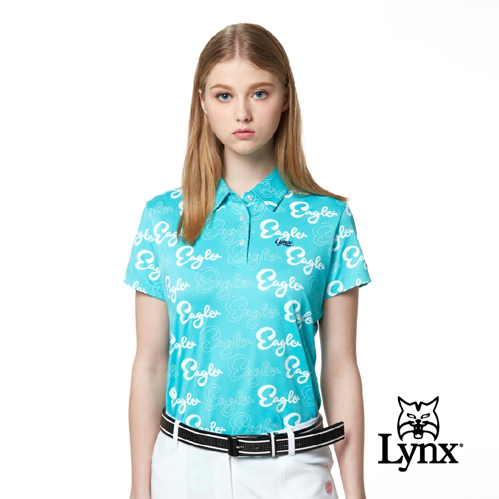 【Lynx Golf】女款吸濕排汗本布領Eagle老鷹字樣印花短袖POLO衫-藍綠色