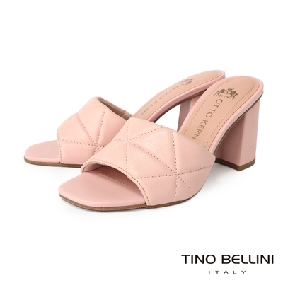 Tino Bellini 巴西進口牛皮精緻縫衍粗跟涼拖鞋-粉