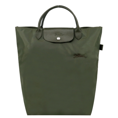 LONGCHAMP LE PLIAGE GREEN系列刺繡短把再生尼龍手提包(中/森林綠)