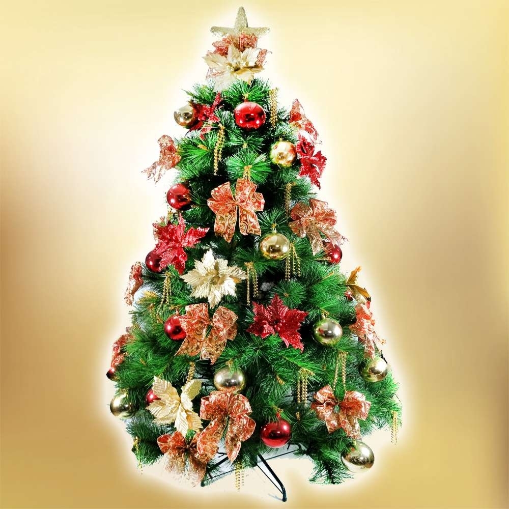 摩達客耶誕-台灣製6尺(180cm)特級綠松針葉聖誕樹+聖誕花蝴蝶結系配件-高級豪華組(不含燈)