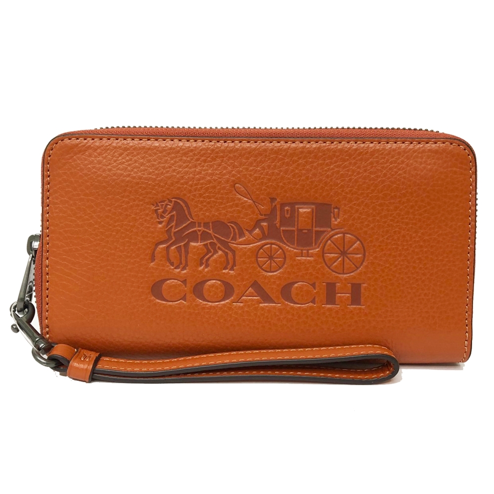 COACH 新款大馬車LOGO牛皮手掛式零錢袋長夾(橘)