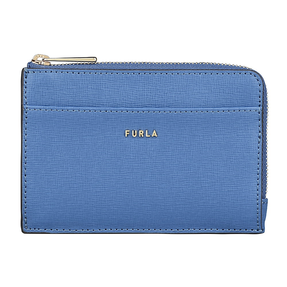 FURLA BABYLON金字LOGO防刮牛皮4卡拉鏈卡片零錢包(中/海洋藍x淺灰藍