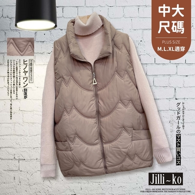 JILLI-KO 波浪紋羽絨棉馬甲女保暖立領背心中大碼- 深卡/黑/淺紫