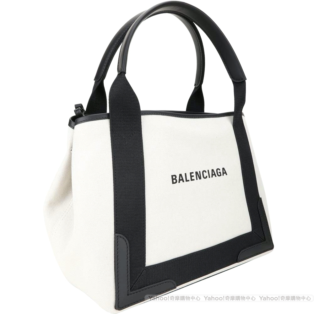 BALENCIAGA Navy Cabas S 品牌字母帆布手提/肩背包(白色/附萬用包