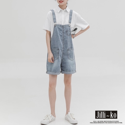 JILLI-KO 夏季薄款捲邊寬鬆牛仔闊腿吊帶短褲 - 淺藍