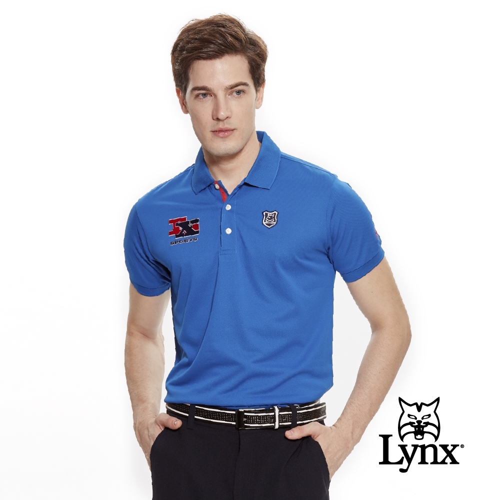 【Lynx Golf】男款吸濕排汗網眼小山貓盾型Logo短袖POLO衫-藍色