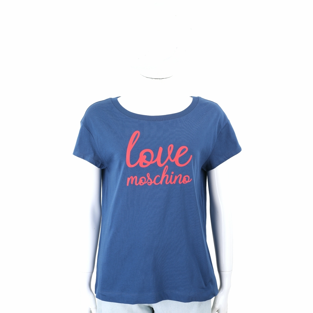 LOVE MOSCHINO 字母草寫印花純棉藍色短袖TEE T恤