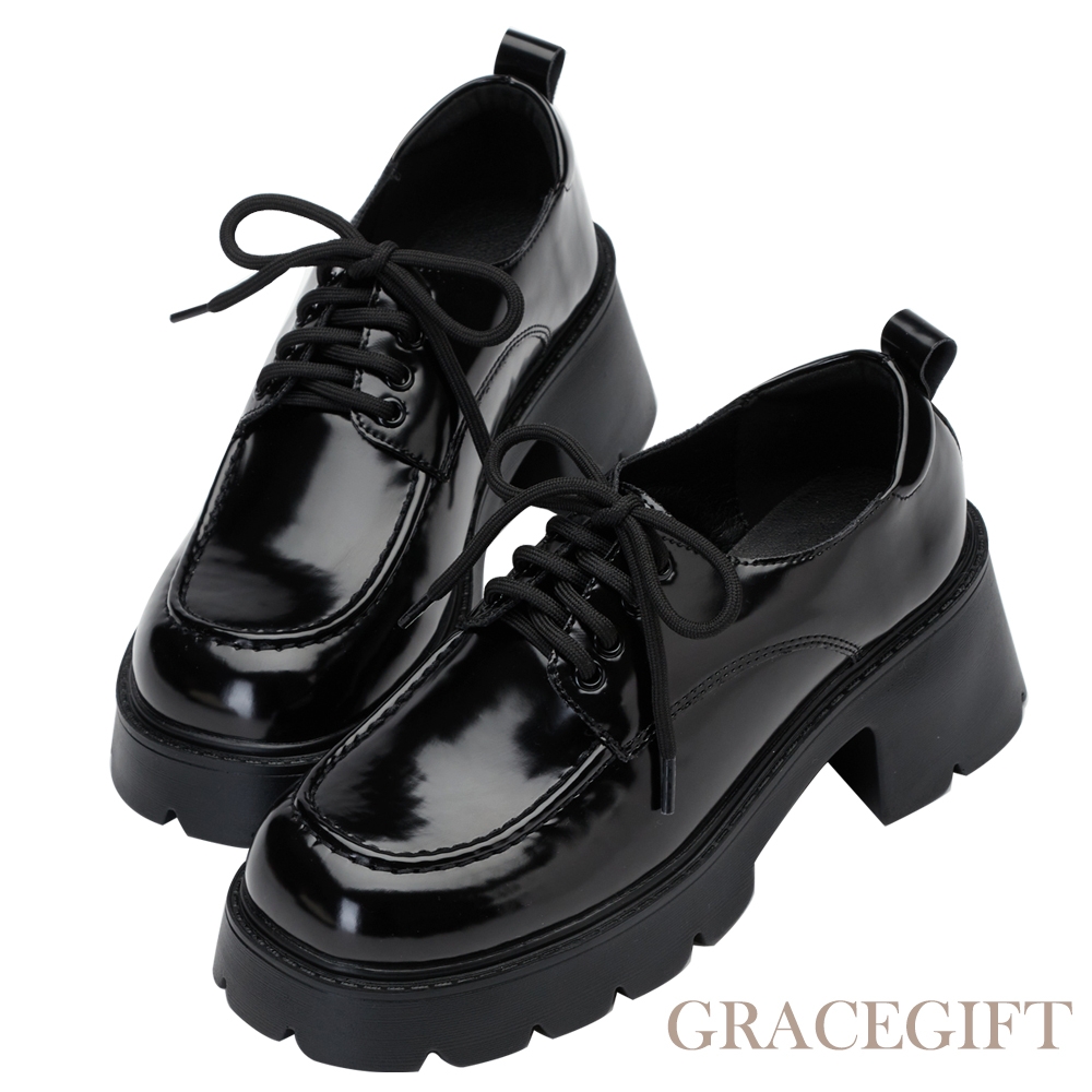 【Grace Gift】精緻女孩車線厚底牛津鞋 黑漆 product image 1