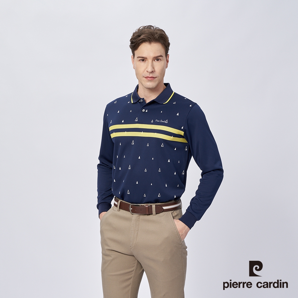 Pierre Cardin皮爾卡登 男款 吸濕排汗定位條印花薄長袖polo衫-深藍色 (5215204-38)