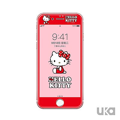 優加 iPhone 7/8 plus Hello Kitty鋼化玻璃彩繪保護貼-坐姿凱蒂貓