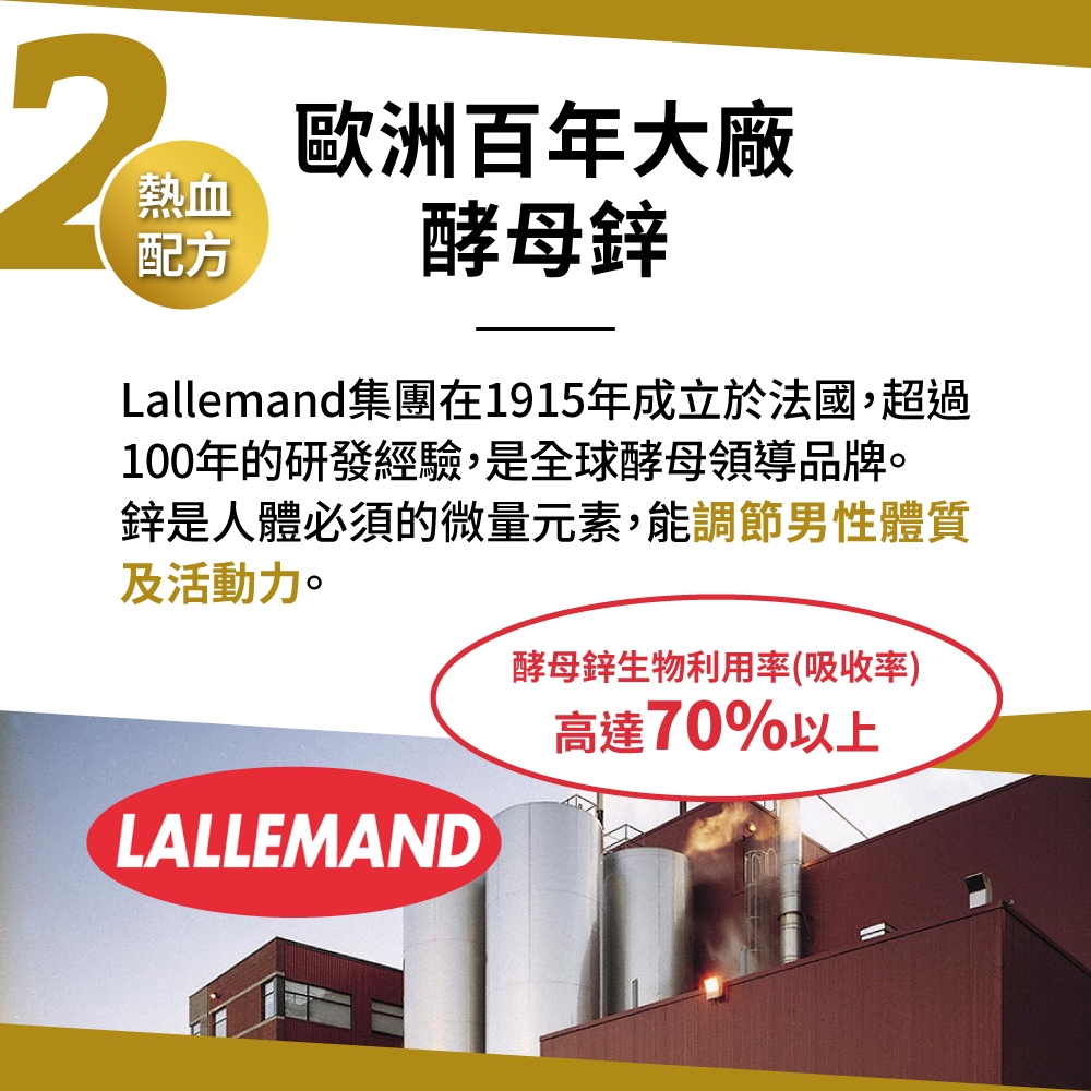 熱血配方歐洲百年大廠酵母鋅Lallemand集團在1915年成立於法國,超過100年的研發經驗,是全球酵母領導品牌。鋅是人體必須的微量元素,能調節男性體質及活動力。LALLEMAND酵母鋅生物利用率(吸收率)高達70%以上