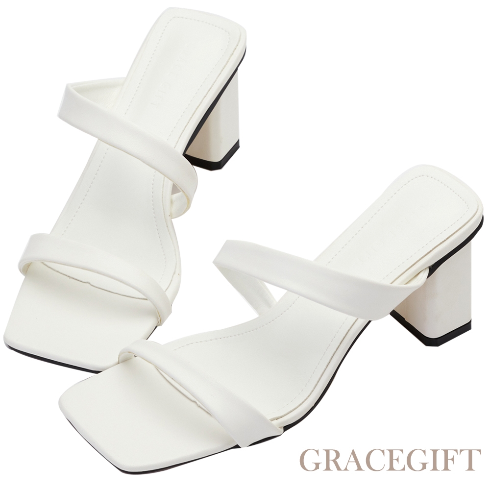 【Grace Gift】極簡方頭細帶中高跟拖鞋 米白